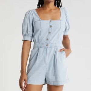 Hurley Jackson Puff Sleeve Chambray Romper